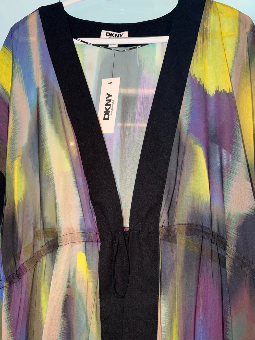 DKNY Sheer Multicolor Tie-Front Kimono Cover Up - Picture 2 of 4